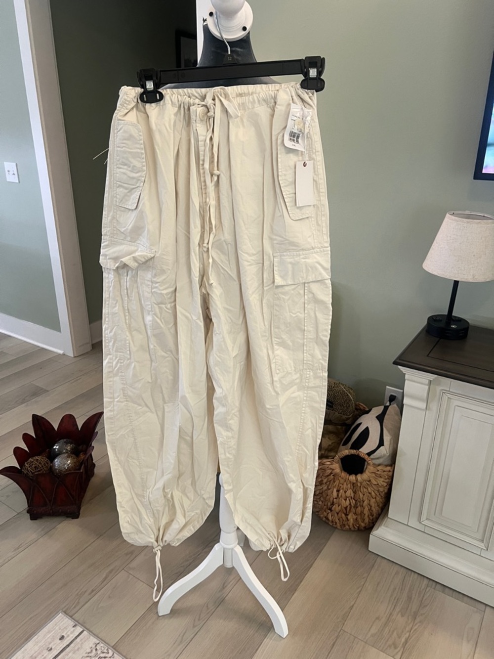 Good American Wide Leg Cargo Jumpsuit Pants in Off-White